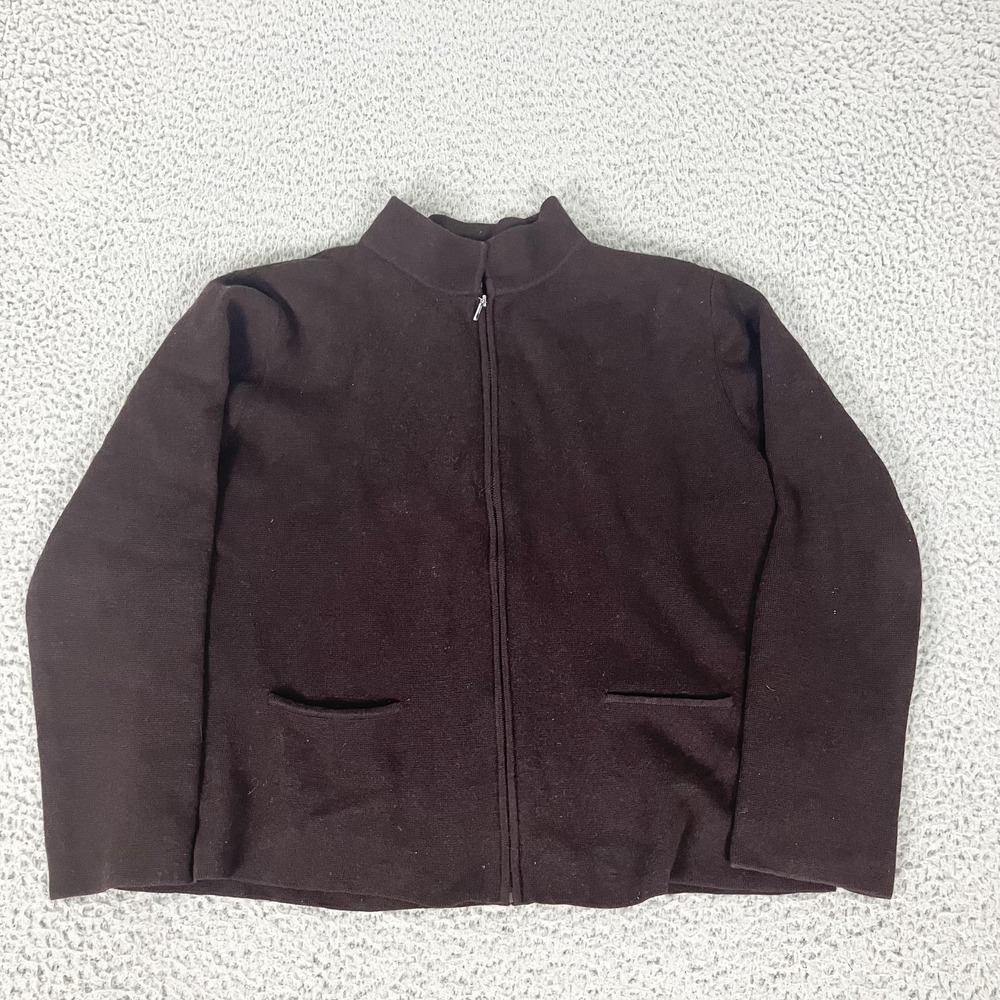 Vintage Eileen Fisher Sweater Womens M Brown Wool Full Zip Knit Mock Neck 90s
